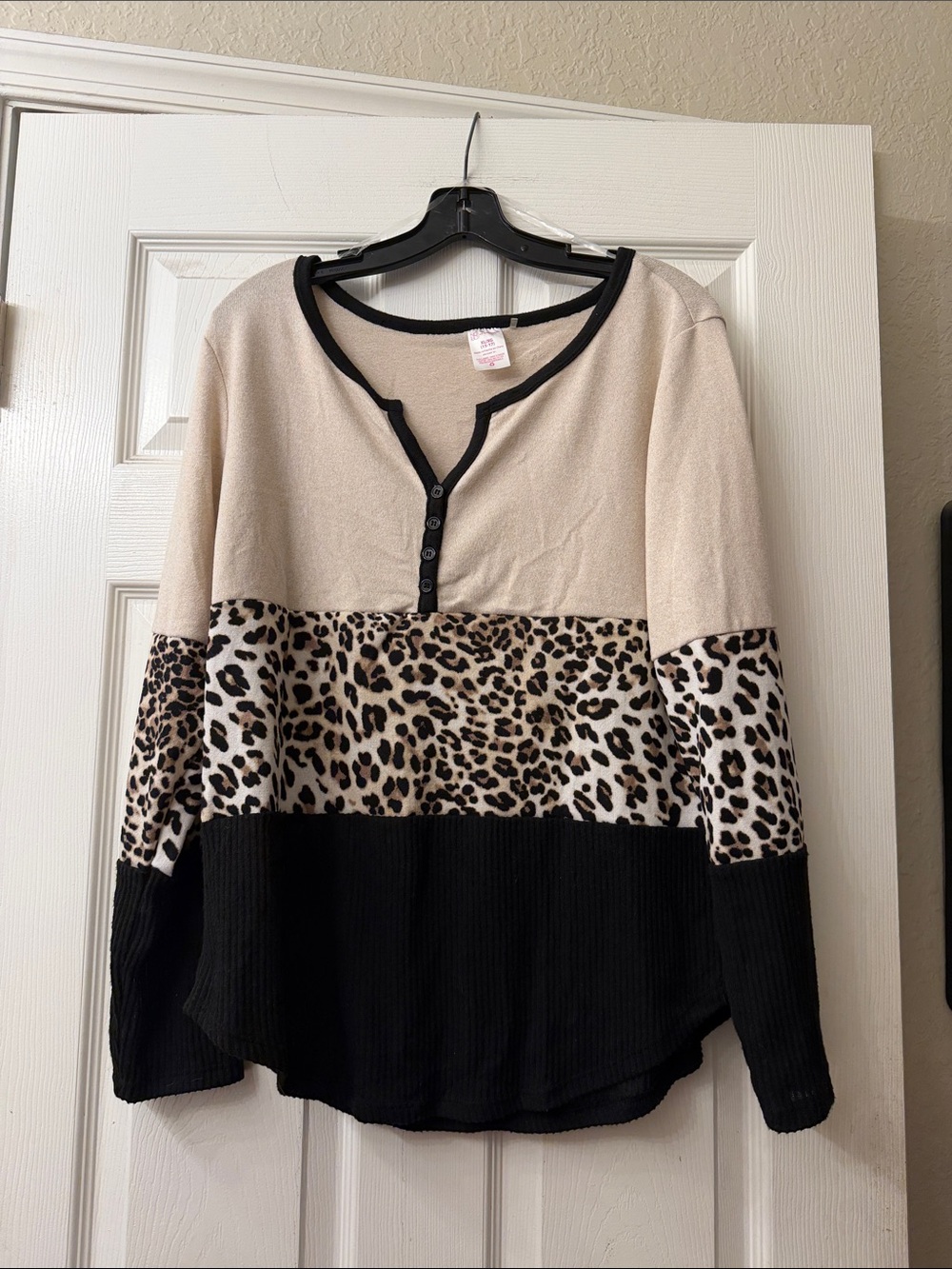 No Boundaries Beige and Black Trim Henley Top